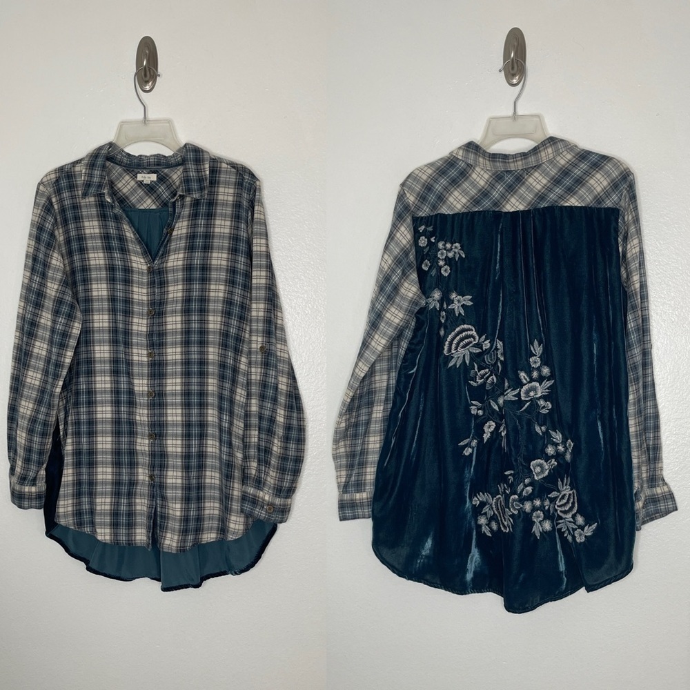 Kyla Seo Blue Plaid Floral Embroidered Velvet Button-Up Shirt Tunic Size Large